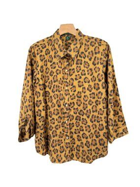 Lauren Ralph Lauren Leopard Print Button-Up Shirt blouse size XL womens brown
